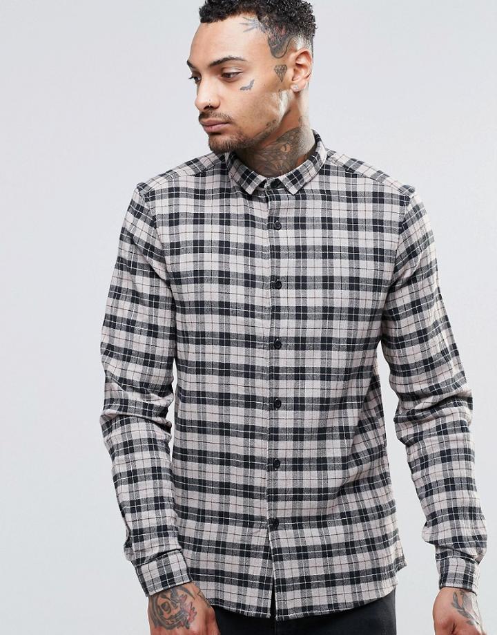 Asos Textured Check Shirt In Stone In Regular Fit - Stone