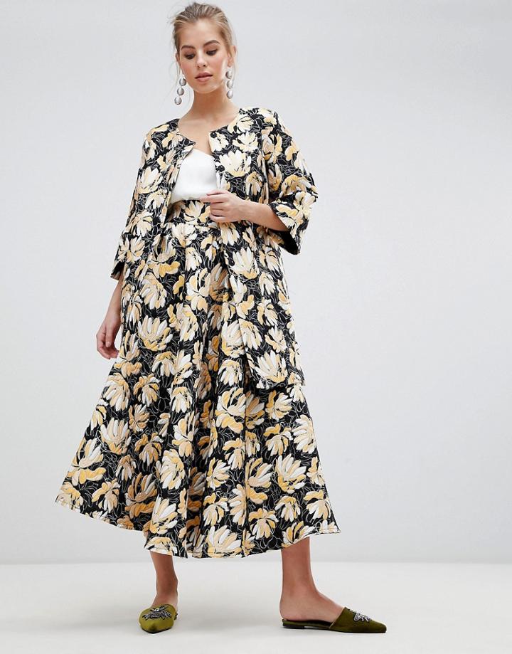 Traffic People Printed Jacquard Midi Prom Skirt - Gold