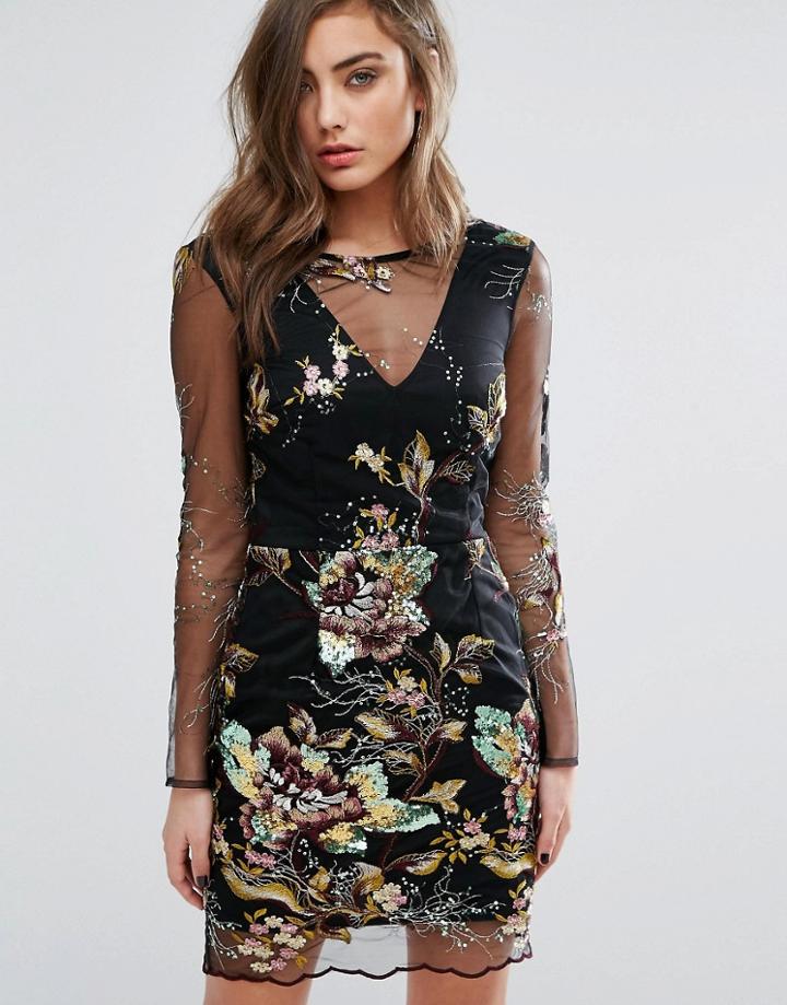 Miss Selfridge Embroidered Sequin Mesh Detail Mini Dress - Multi