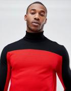 Hugo Santu Color Block Knitted Roll Neck Sweater In Red - Red
