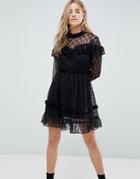 Asos Dobby And Lace Insert Mini Skater Dress - Black