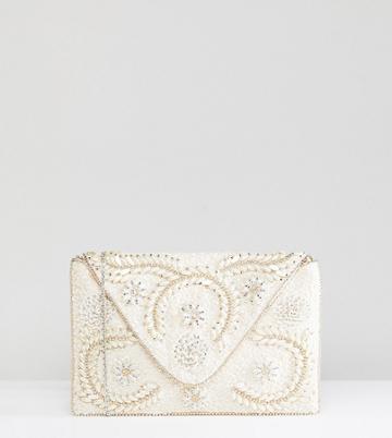 Amelia Rose Embellished Clutch Bag With Chain Strap - White