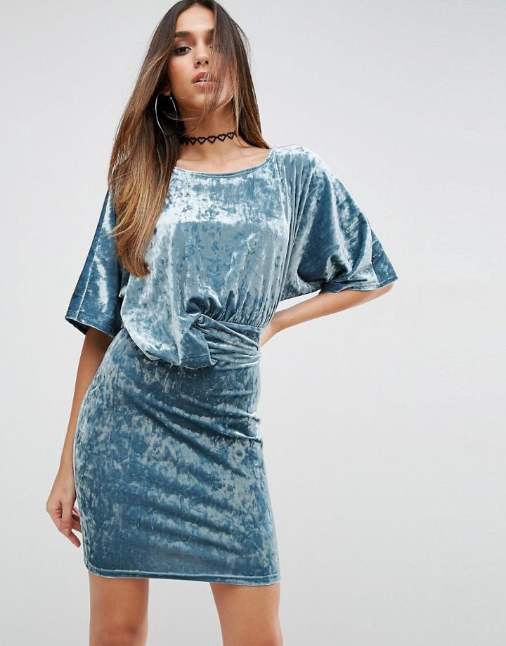 Asos Drape Front Dress In Crushed Velvet - Green