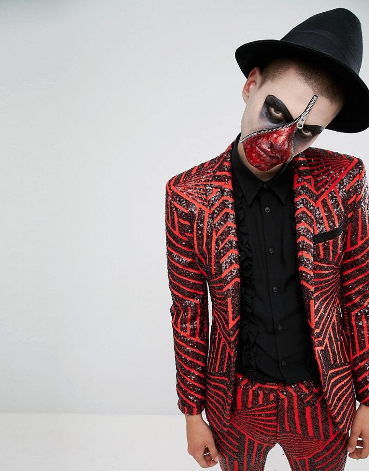 Asos Halloween Super Skinny Blazer In Red With Black Sequins - Red