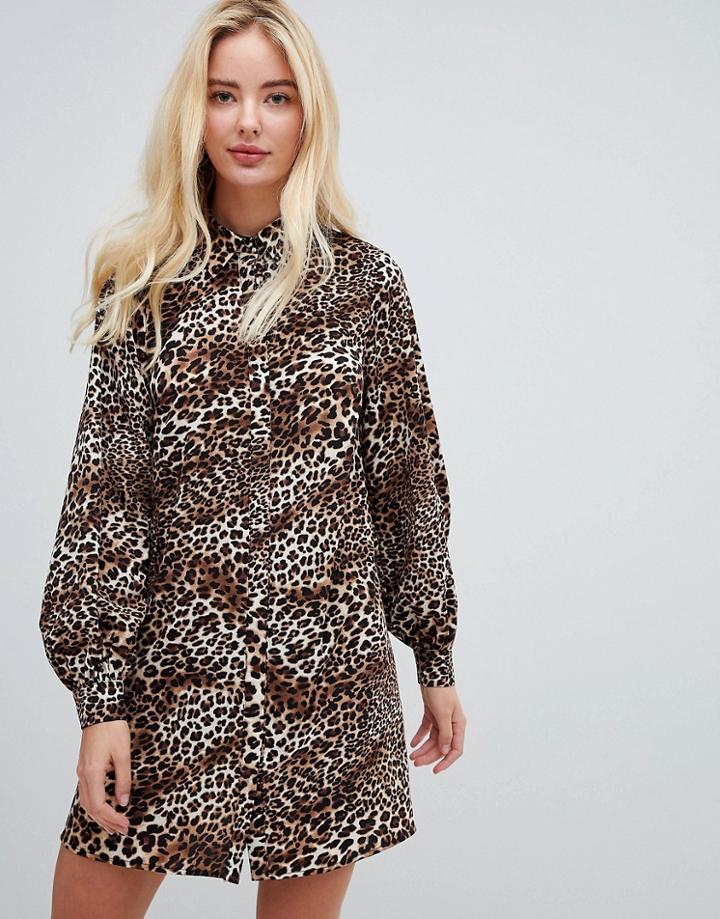 Fashion Union High Neck Shirt Dress In Leopard - Multi