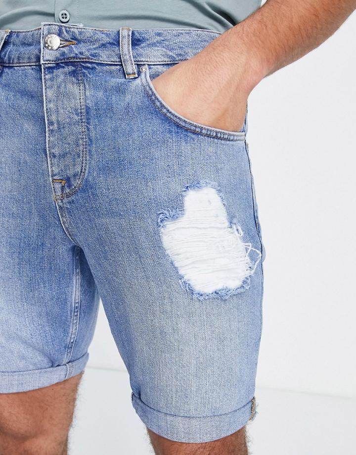 Asos Design Slim Denim Shorts In Dark Blue Wash With Rips
