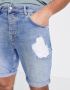 Asos Design Slim Denim Shorts In Dark Blue Wash With Rips