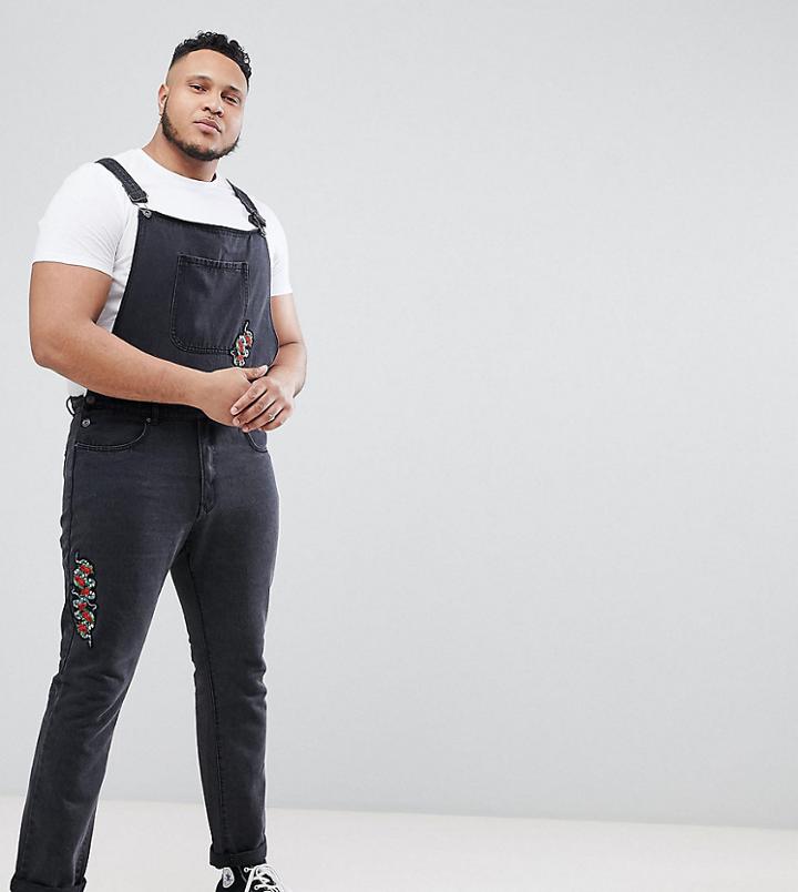 Liquor N Poker Plus Ripped Overalls With Embroidery - Black