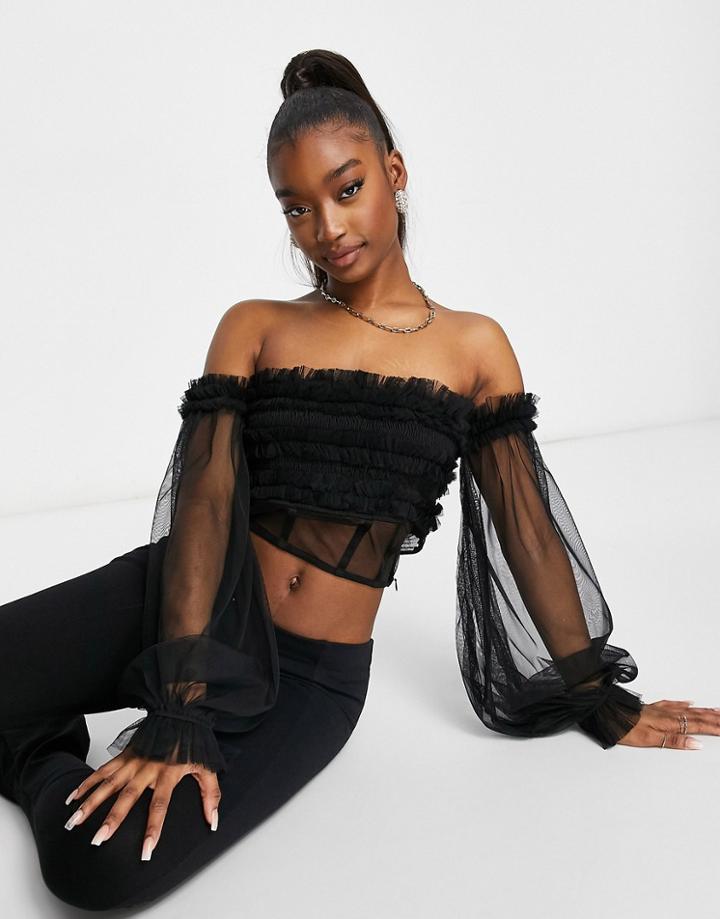 Lace & Beads Exclusive Off Shoulder Tulle Top With Corset Waist In Black