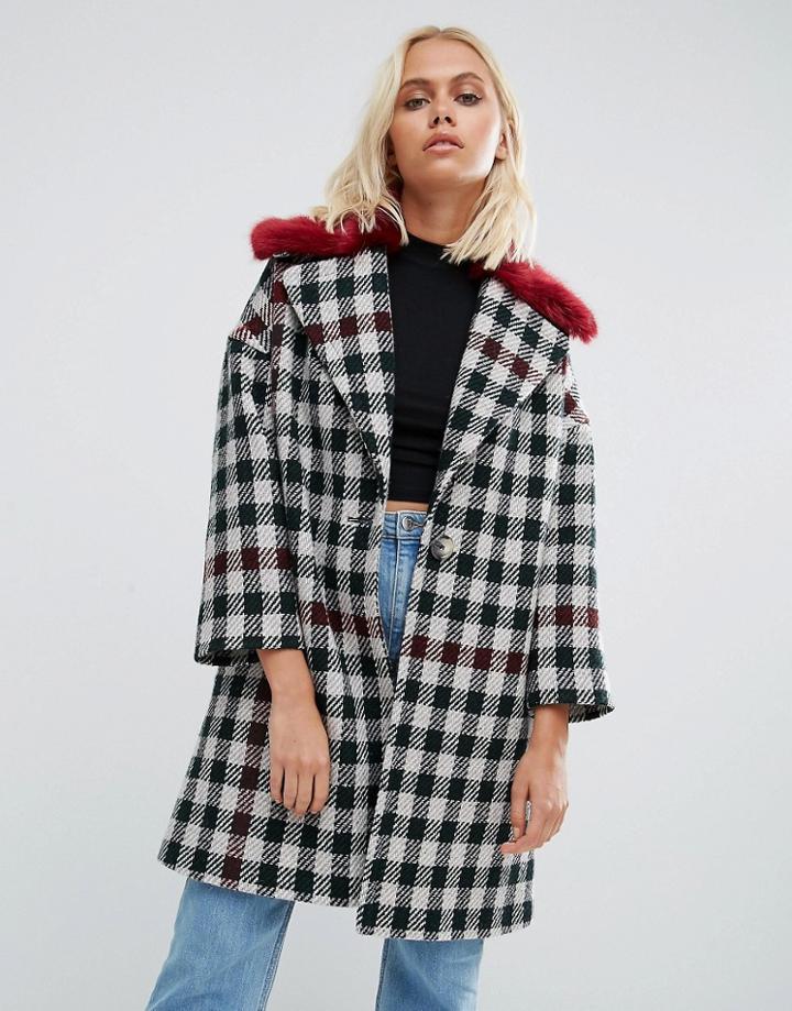 Helene Berman Fur Collar Coat Tweed Check With Red Fur - White