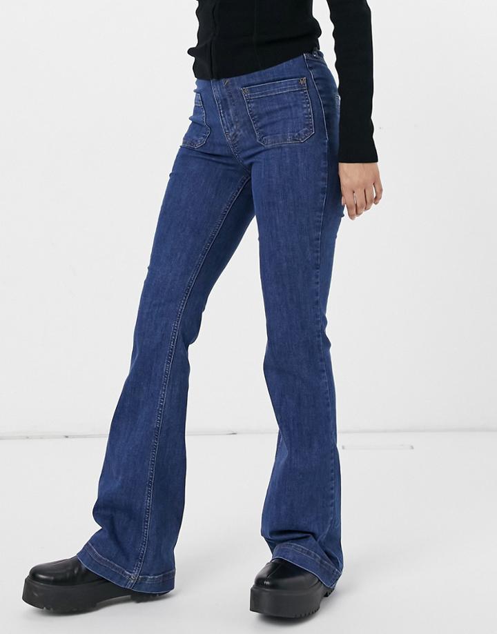 River Island Front Pocket Flared Jeans In Mid Auth Blue-blues