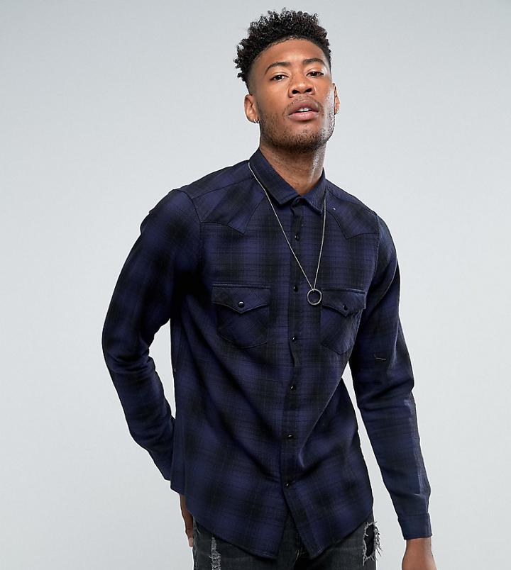 Asos Design Tall Regular Fit Western Check Shirt - Navy