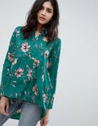 Influence Floral Print Dim Hem Peplum Shirt - Green