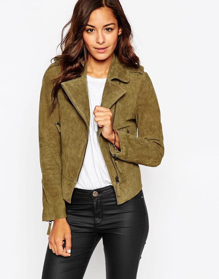 Asos Suede Biker Jacket In Oil Wash - Washed Khaki