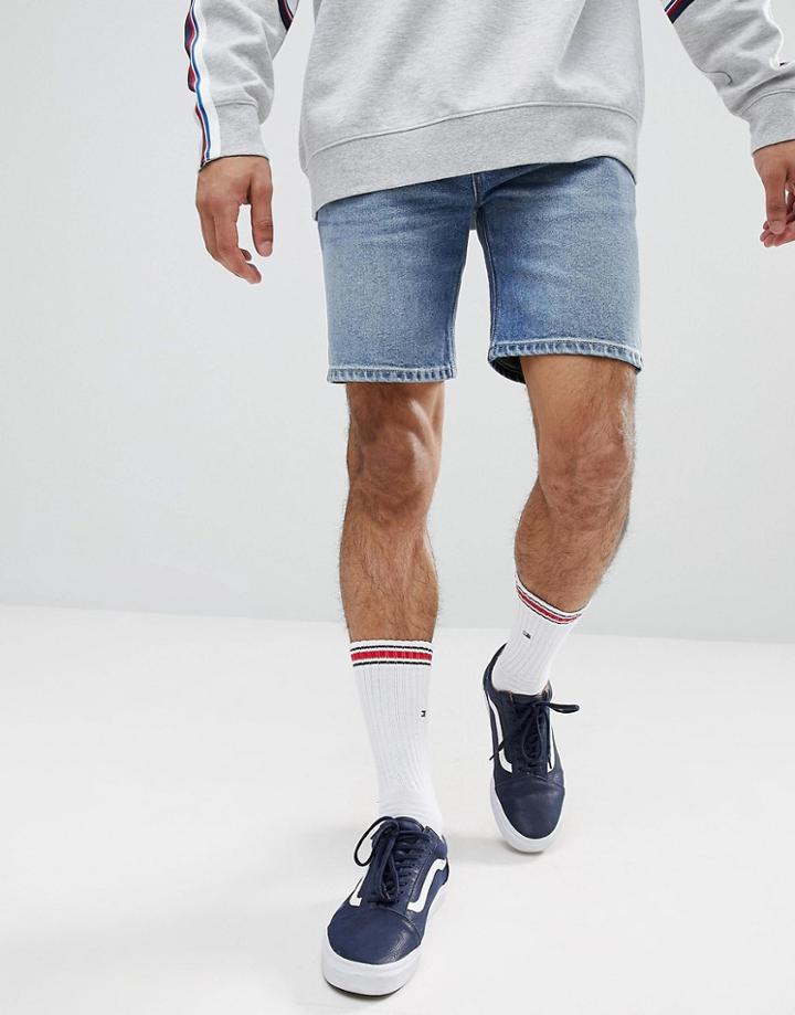 Asos Design Denim Shorts In Skinny Mid Wash-blue