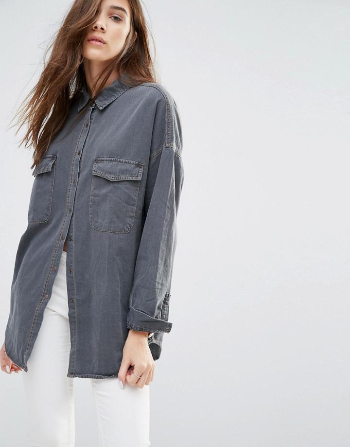 Pull & Bear Oversized Denim Shirt - Gray
