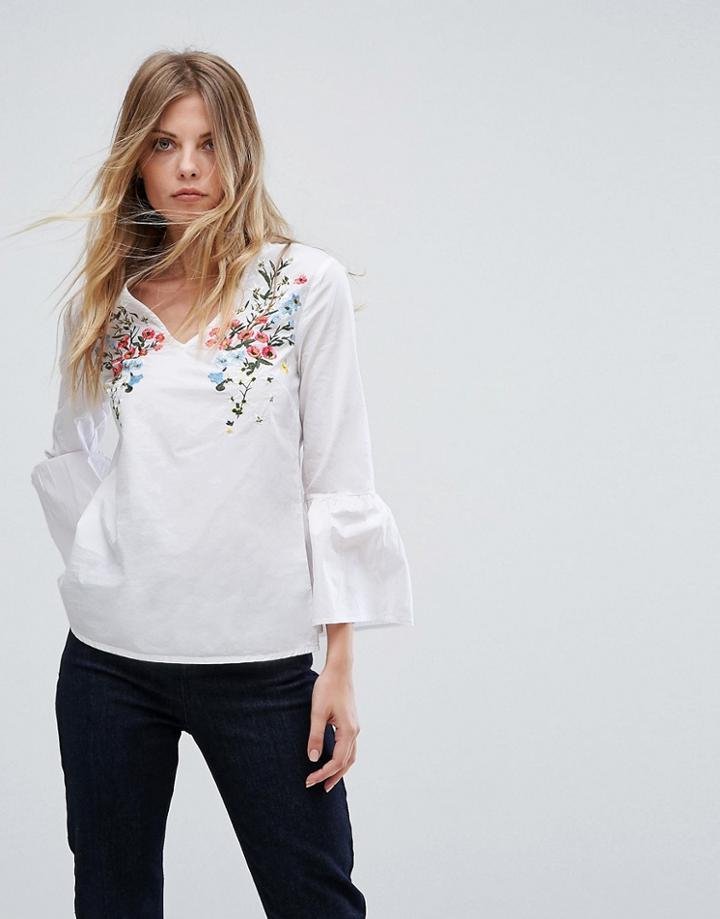Warehouse Embroidered Front V Neck Blouse - White