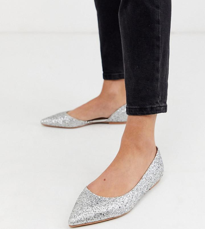 Asos Design Wide Fit Virtue D'orsay Pointed Ballet Flats In Glitter-silver