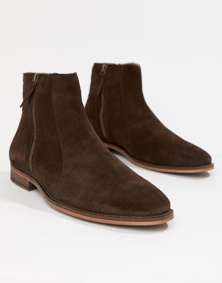 Walk London Dominic Zip Chelsea Boots In Brown Suede - Brown