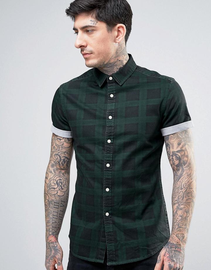 Asos Skinny Denim Check Shirt In Green - Green
