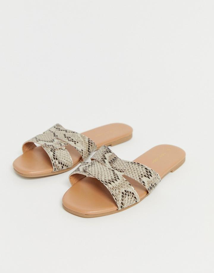 New Look Cross Strap Flat Slider In Snake - Stone