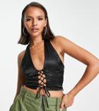 Asyou Satin Lace-up Front Halter Top In Black