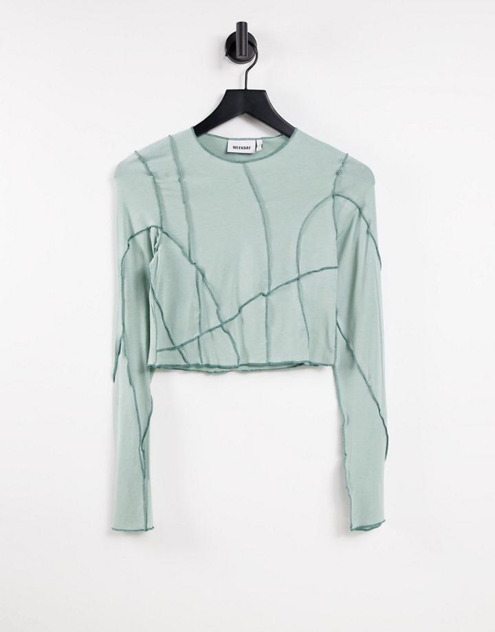 Weekday Sierra Crop Long Sleeve Top With Overlock Seams In Dusty Green - Beige-neutral