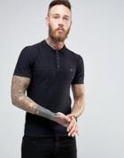 Farah Knitted Polo Shirt With Textured Stripe In Slim Fit Black - Blac