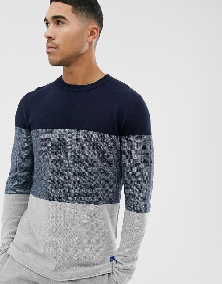 Jack & Jones Originals Triple Block Crew Neck Sweater In Navy