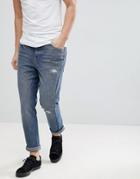 Asos Skinny Twisted Jeans In Dark Wash Blue With Rip And Repair
