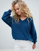 Weekday V Neck Oversized Sweater In Petrol Blue - Blue