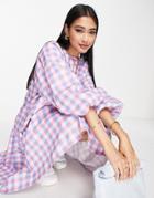 Selected Femme Organic Cotton Midi Smock Dress In Pink And Blue Check-multi