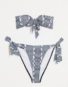 Luxe Palm Snake Bow Tie Bandeau Bikini Top-grey