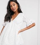 Asos Design Maternity Broderie Smock Top With Fluted Sleeves In Ivory-no Color