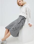 Weekday Ruffle Front Check Midi Skirt - Gray