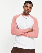 Asos Design Off White Long Sleeve Raglan T-shirt With Contrast Sleeves In Pink-gray