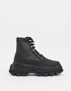 Asos Design Lace Up Boots In Black Faux Leather With Khaki Panels On Chunky Cleated Sole-green