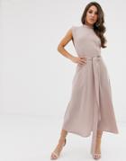 Asos Design Split Cap Sleeve High Neck Midi Dress With Skater Skirt - Beige