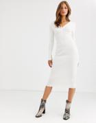 Asos Design Pleat Detail Knit Midi Dress With Deep V-cream