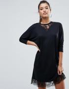 Asos Oversize T-shirt Dress With Batwing Sleeve And Lace Inserts - Black