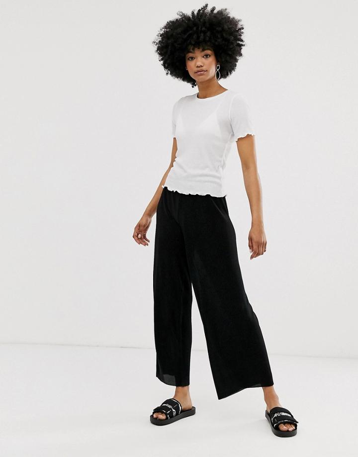 Monki Wide Leg Plisse Pants In Black