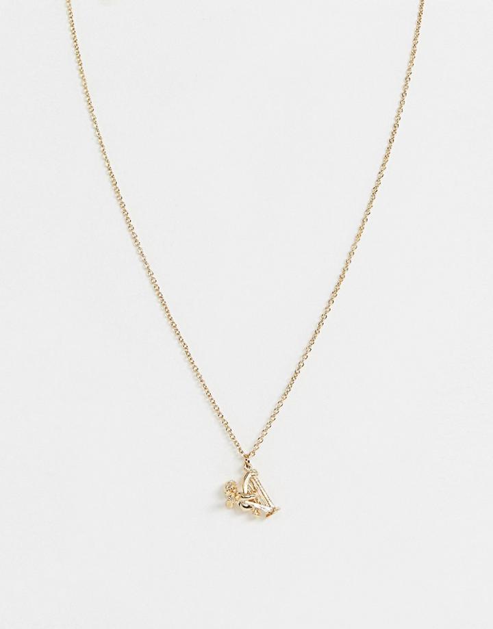 Asos Design Necklace With Vintage Style Cupid On A Harp Pendant In Gold - Gold