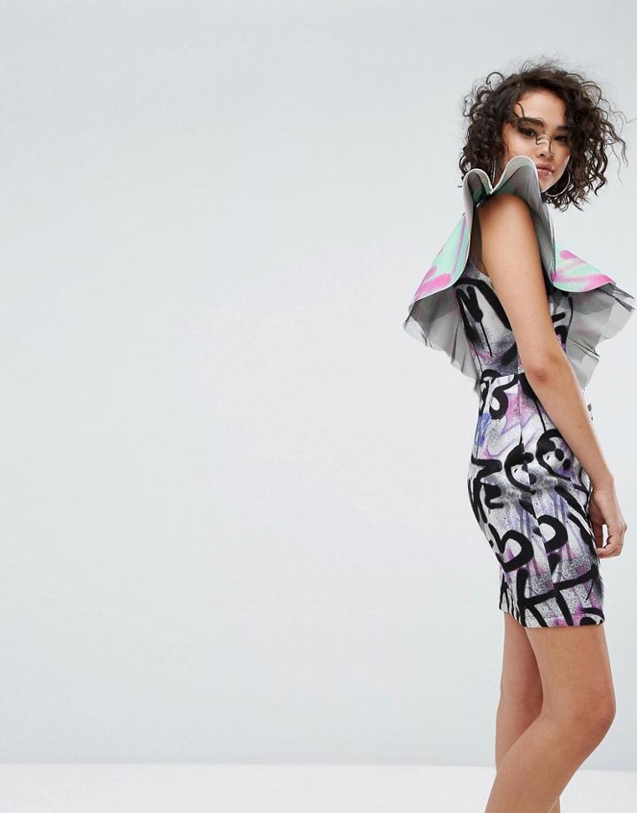 Asos X Mtv Print Ruffle Mini Dress - Multi