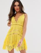 Love Triangle Cami Strap Plunge Front Lace Dress With Hanky Hem In Lemon - Yellow