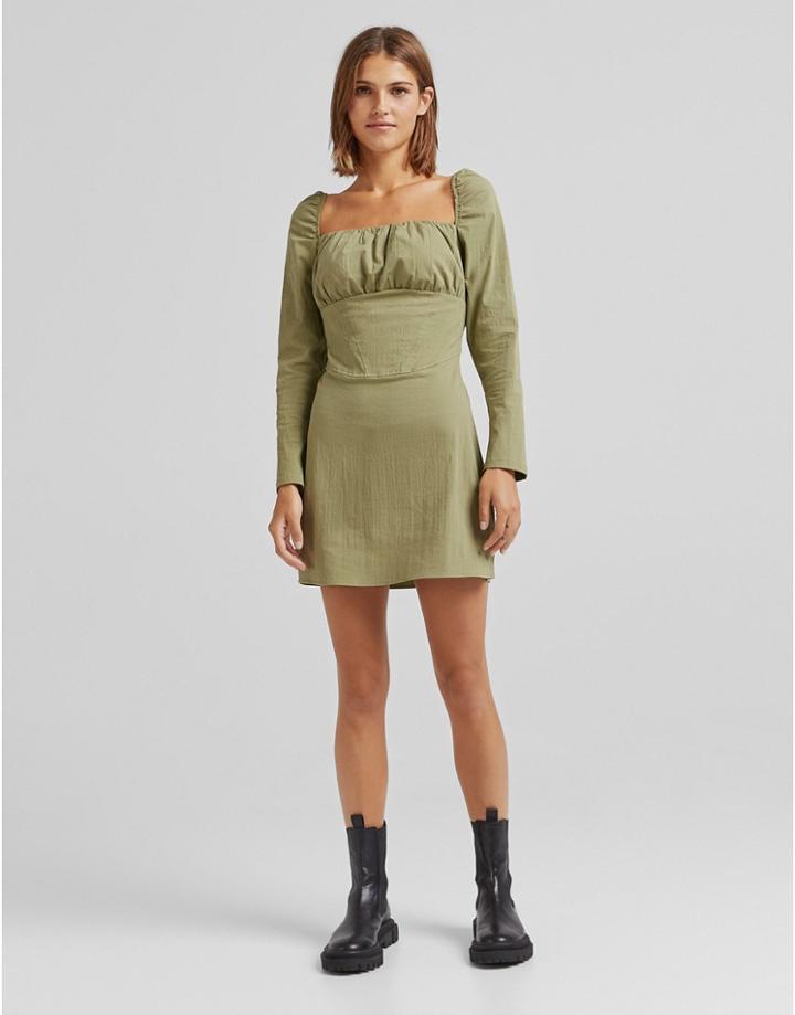 Bershka Ruched Bust Long Sleeve Mini Dress In Green