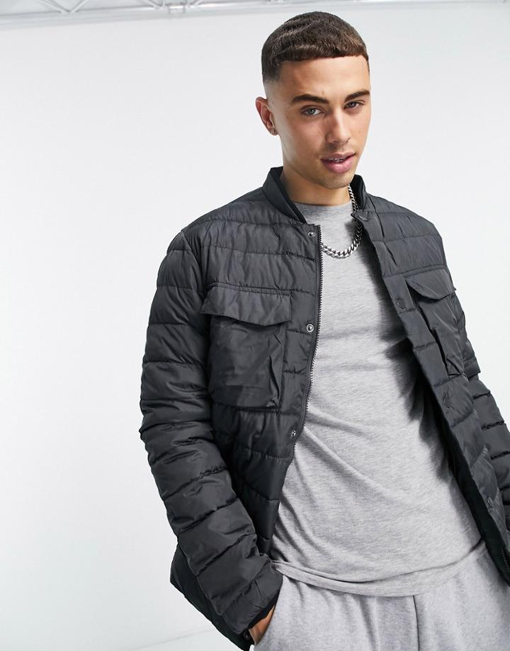 Jack & Jones Core Quilted Bomber Jacket In Charcoal-grey