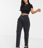 Asos Design Petite High Rise Slouchy Mom Jeans In Washed Black With Rips
