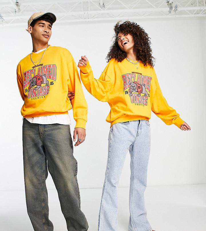 Reclaimed Vintage Inspired Unisex Varsity Sweat With Bulldog In Orange