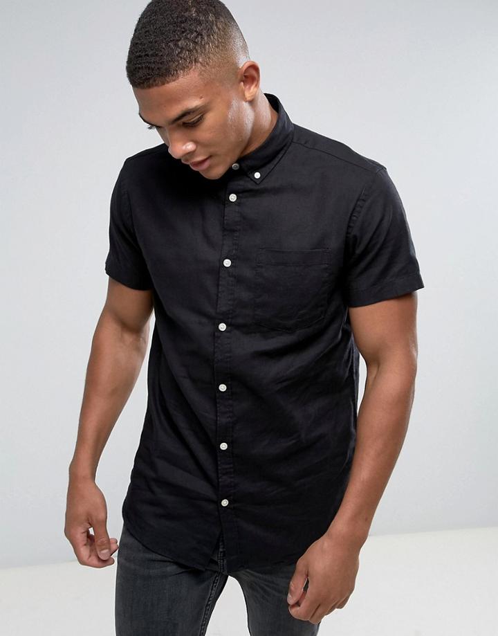 Jack & Jones Originals Linen Mix Short Sleeve Slim Fit Button Down Shirt - Navy