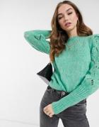 Asos Design Sweater With Pointelle Sleeves And Neck Detail In Mint-green